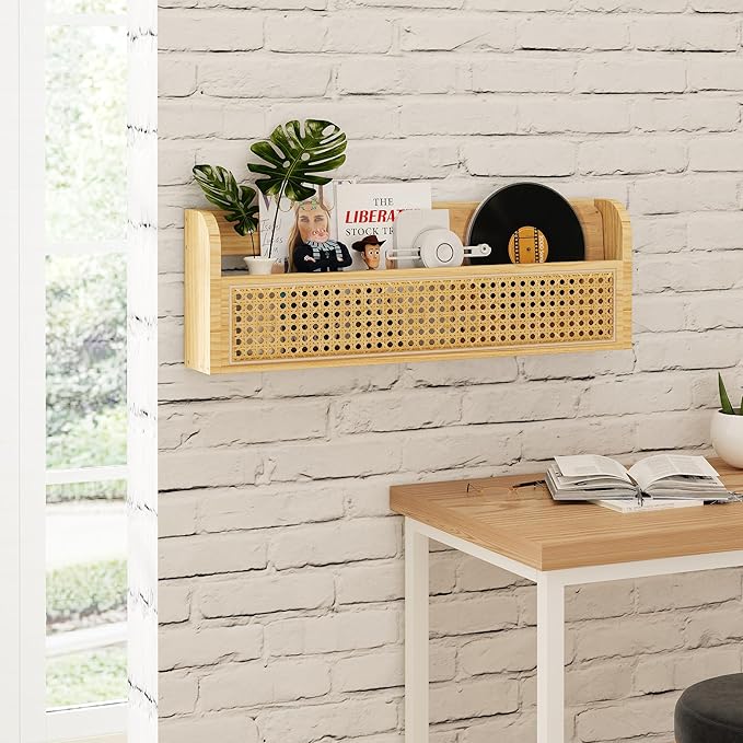 Wooden Rattan Wall Shelf - 24’’ Nursery Hanging Book Shelves for Wall, Picture Ledge Wicker Shelf, Boho Decorative Shelves for Netural Nursery Decor, Floating Rattan Shelf for Office,Bedroom