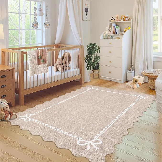 GarveeHome Scalloped Bow Rug for Living Room, Solid Camel Rug for Dorm, Washable Rugs 5x7 Soft Low Pile Non Slip Scalloped Rugs for Nursery College Bedroom Decor Kids Room Playroom