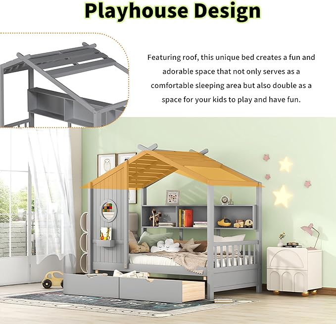 Linique Wooden Twin Size House Bed with 2 Drawers and Storage Shelf,Twin Platform Bed Frame with Pitched Roof,Gray