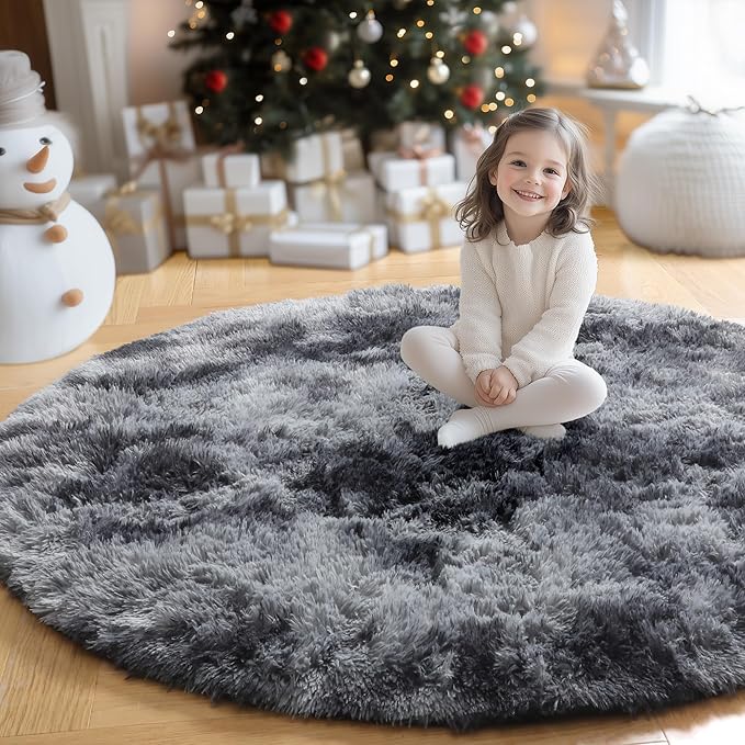 Amdrebio Tie-Dyed Dark Grey Round Area Rugs for Living Room, 7x7 Rug, Soft Thick Large Circle Rug for Bedroom, Big Shag Fluffy Plush Carpet for Mens Boys Kids Room, Modern Cool Furry Circular Rug