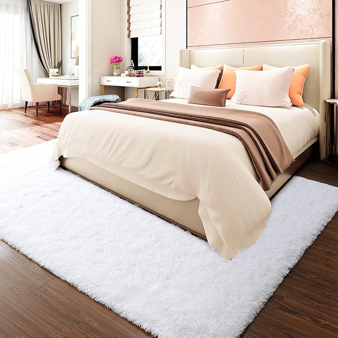 Merelax Soft Modern Indoor Large Shaggy Rug for Bedroom Livingroom Dorm Kids Room Home Decorative, Non-Slip Plush Fluffy Furry Fur Area Rugs Comfy Nursery Accent Floor Carpet 5x8 Feet, White