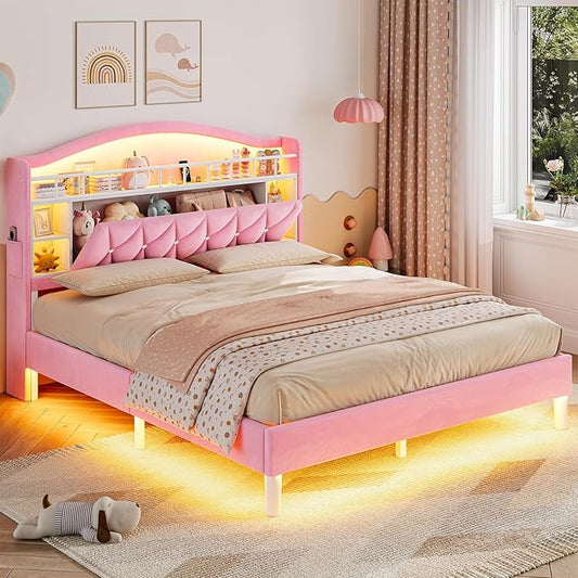 ADORNEVE Full Bed Frame with LED Lights, Princess Velvet Upholstered Platform Bed for Girls, Headboard with Charging Station & Guardrail & Crystal Button, No Box Spring Needed,Pink