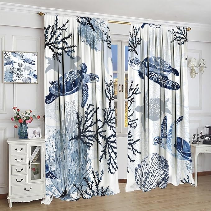 BAEKJIN Coastal Nautical Curtains, Turtle Beach Sea Seashell Theme Pattern Print Decor Home Bedroom Living Room Window Treatmen 2 Panel Set 42x45 Inch