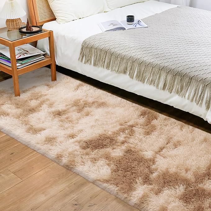 2x8 ft Plush High Pile Khaki Tie Dyed Rug Fluffy Soft Runner Bedside Rug for Bedroom Living Room Hallway Nursery Kids Home Decor Shag Carpet