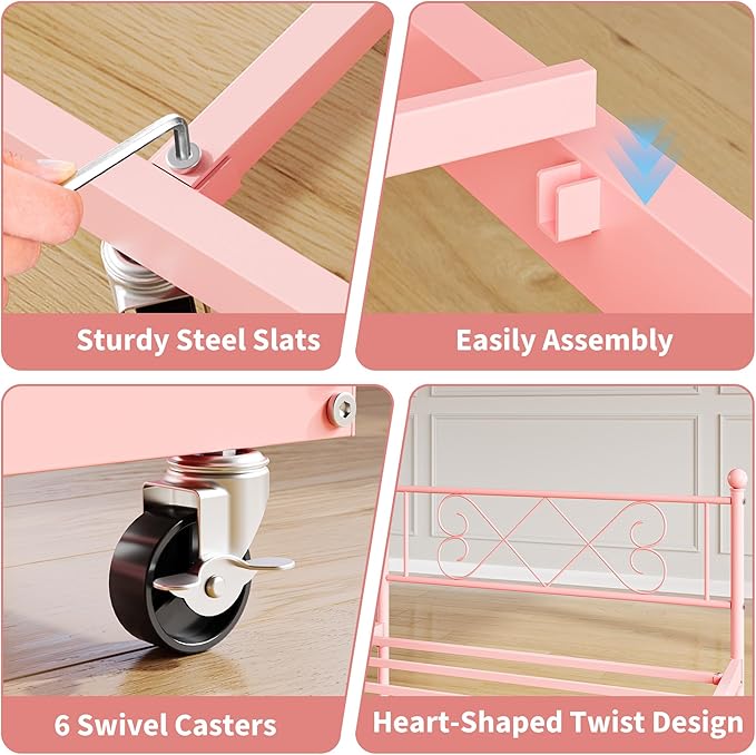Daybed with Trundle, Trundle Bed Twin with Heart-shaped Headboard for Kids, Sturdy Metal Day Bed with Steel Slat Support, Twin Daybed for Living Room, Bedroom and Guest Room, Easy Assembly, Pink