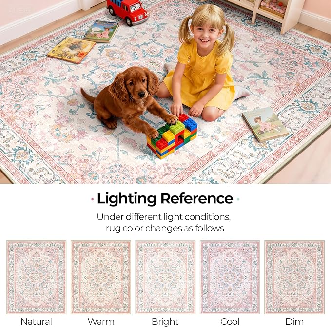 Machine Washable Rugs Nursery Rug 2x3 Cute Girl Non Slip Low Pile Water Repellent Soft Print Pattern for Bedroom Indoor Decor Kids Playroom Pinkteal
