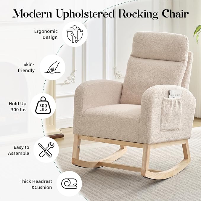 Rocking Chair Nursery, Modern Upholstered Glider Rocker with Side Pocket, Upholstered Lounge Chair with Solid Wood Base for Relaxin, for Living Room, Bedroom