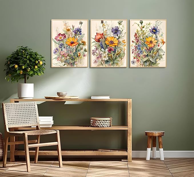 3Pcs Watercolor Wildflower Wall Art Colorful wildflowers Paintings Pictures Watercolor Floral Botanical Canvas Prints Wall Decor Bright floral posters for Living Room Bedroom Home Decoration Unframed