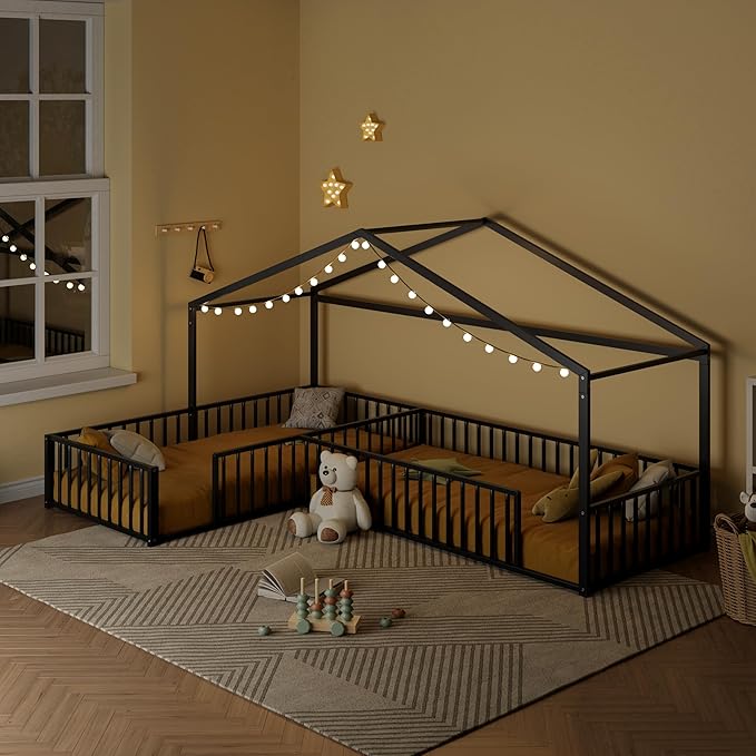 Double Twin Size L-Shaped Floor Bed,Metal Corner House Bed Frame with Fence,House-Style Floor Bed for 2 Kids,Without Slats,Black