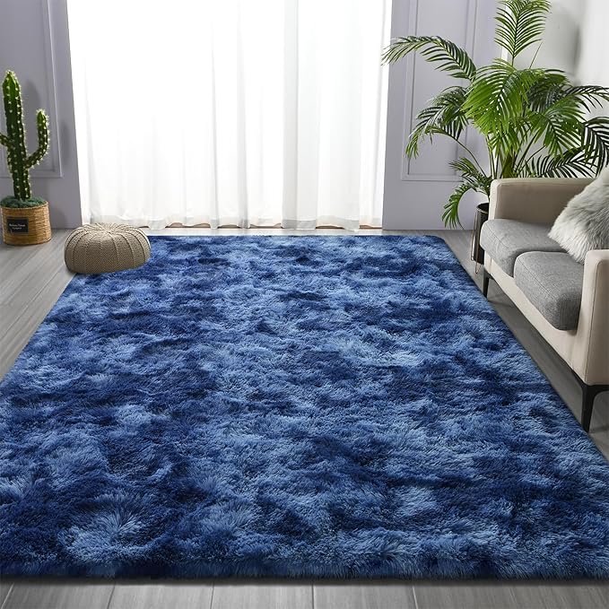 Large Shag Area Rugs 5 x 8, Plush Fuzzy Rugs for Living Room, Ultra Soft Fluffy Furry Rug for Bedroom, Indoor Carpet Nursery Rugs for Kids Room Home Decor, Tie-Dyed Navy Blue