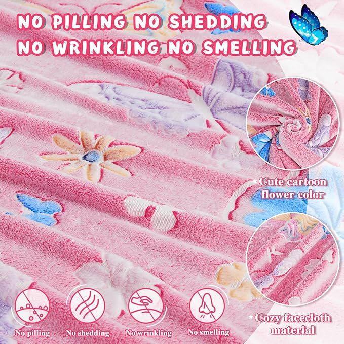 inhand Butterfly Toys for 2 3 4 5 6 7 8 9 10 Year Old Girls,Girl Birthday Gifts Glow in The Dark Blanket Butterfly Soft Fleece Decorations for Kids Room（50"X60" Pink Butterfly）