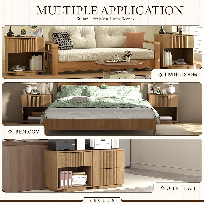 XIAO WEI End Table with 20W Fast Charging Station, Fluted Sofa Side Table with Storage, 21.7" Taller End Table with Drawer and Open Shelf, End Table for Living Room,Natrual