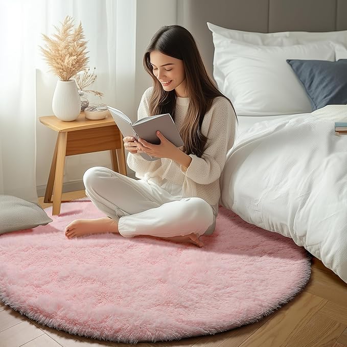 ONASAR Light Pink Round Area Rugs 2ft for Bedroom Living Room, Fluffy Cat Dog Bed Mat, Washable Circle Rug for Kids Girls Boys Teen, Soft Plush Shaggy Carpet for Nursery Dorm Home Decor Aesthetic
