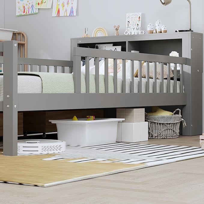 Wood Twin Size Platform Bed with Safety Fence for Kids Boys Girls, Platform Bed Frame with Practical Headboard and 2 Under-Bed Drawers, Sturdy Slats Support (Gray-3.15)