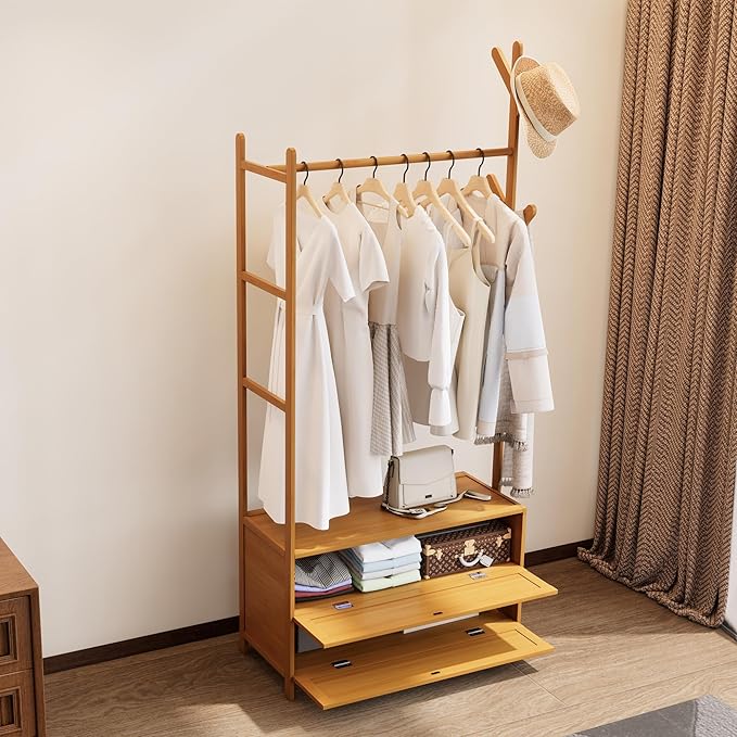 Clothing Rack with Shelves,Bamboo Clothes Rack,Natural Clothes Rack Hanging,Drawers Hanging Rack,Garment Rack with Shelves(27.6inch Width Natural)