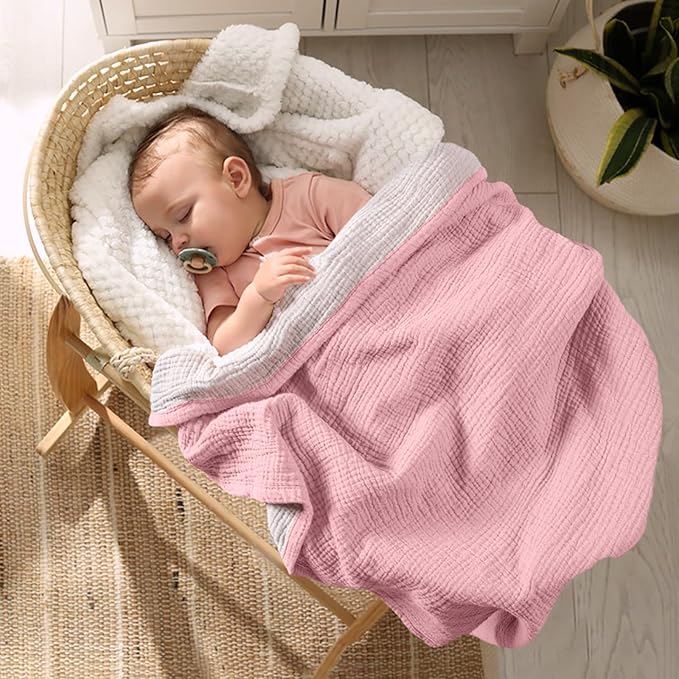 lulumoon Muslin Baby Blanket - Cotton Quilt Blankets for Toddlers - Reversible Nursery Crib Blanket for Baby Boys and Girls 47"x47"(Pink)