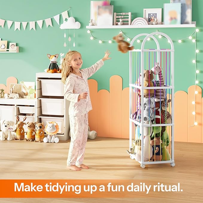 HOOBRO Stuffed Animal Storage & Organizer, Thicken PVC Stuffed Animal Holder with Wheels and Elastic Band, Zoo Plush Toy Storage Organizer for Nursery, Playroom, Living Room, White WT128CW01
