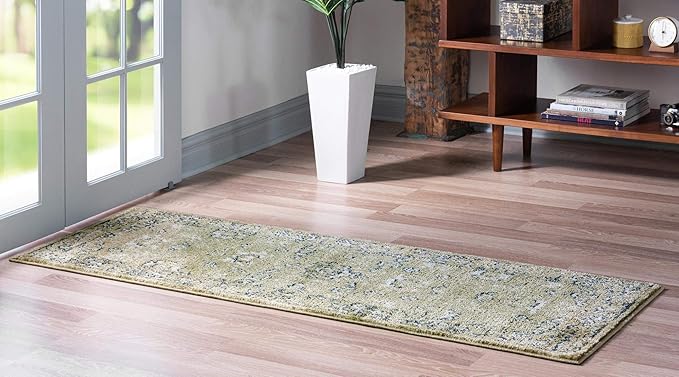 Rugs.com Charleston Collection Rug – 6 Ft Runner Green Low-Pile Rug Perfect for Hallways, Entryways