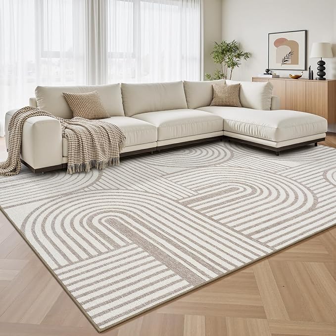 Modern 9x12 Area Rugs Textured Tufted Rugs for Living Room Bedroom Rug-Carpet Cream Ivory Washable Neutral Geometric Moroccan Boho Rug