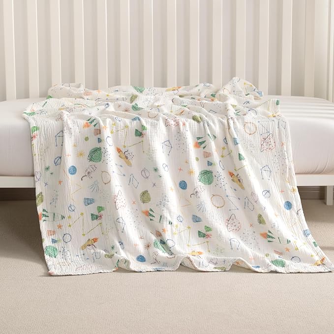 NTBAY 2 Layer Muslin Cotton Baby Swaddle Blanket, 30x40 Soft and Breathable Receiving for Newborns and Infants, Perfect for Crib, Stroller, Travel, Lightweight Nursery Blanket, Space Explorer