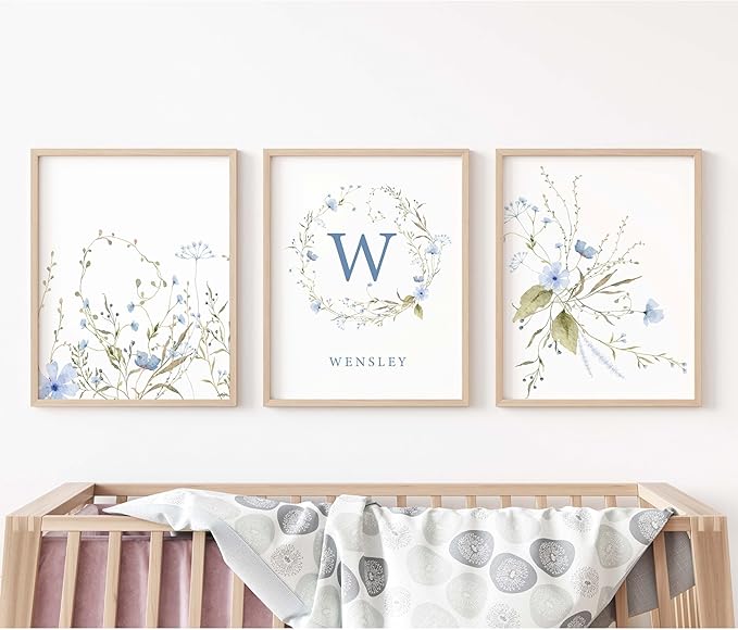Personalized Name Flower Nursery Wall Art Prints, Crib & Nursery décor, Newborn Baby Girl Gift Present, Floral Baby Girl Room Pictures, Poster For Baby And Kids (3 Prints, Flower 7)
