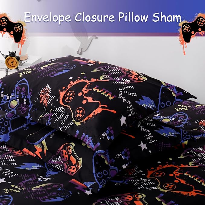JSD Black Gamer Kids Duvet Cover Set Twin Size, 2 Piece Soft Printed Microfiber Comforter Cover with Pillow Sham Zipper Closure, Comforter Not Included