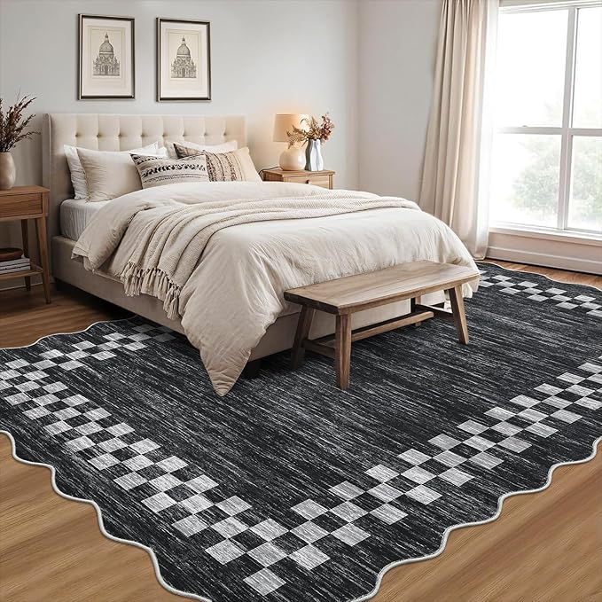 GarveeHome 8x10 Area Rug for Living Room Scalloped Washable Large Bedroom Rug Non Slip Stain Resistant Modern Border Dining Room Throw Carpet Scalloped Boho Rug for Home Decor Office Nursery, Grey