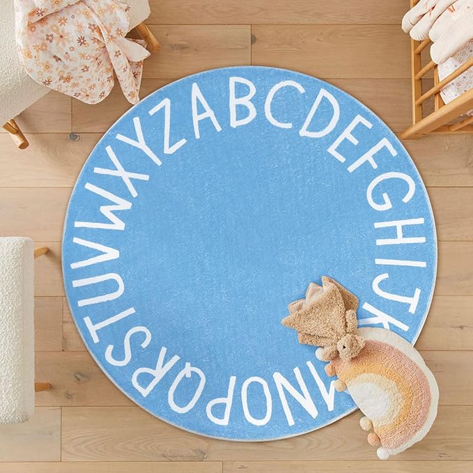 Topotdor Round Kids Play Rug Alphabet Nursery Area Rug Extra Large Soft Crawling Play Mat for Children Toddlers Bedroom (47 inch, Sky Blue)