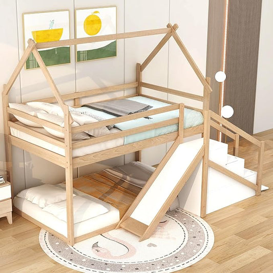 Flieks Twin Over Twin House Loft or Bunk Bed Frame for Boys Girls Kids Adults Toddler with Slide and Staircase, Natural