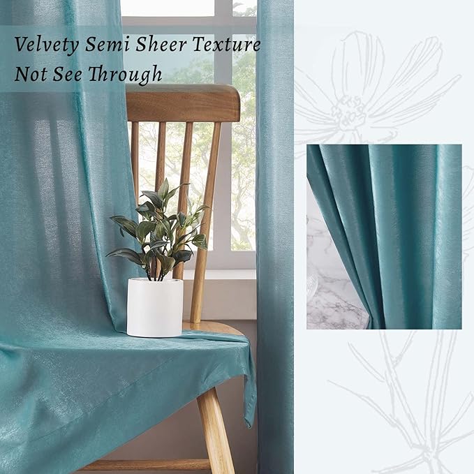 Melodieux Teal Velvety Semi Sheer Curtains 84 Inch Length for Bedroom, Living Room Natural Cotton Texture Rod Pocket Window Sheer Drapes, 52 by 84 Inch (2 Panels)