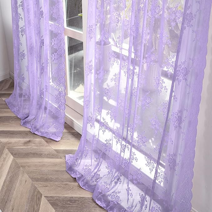 Kotile Light Purple Sheer Curtains 63 Inch Length, 2 Panels, W42 x L63 Inch Each, Country Rustic Floral Vintage Lace Curtains for Girls Room, Rod Pocket Privacy Light Filtering Lacy Window Curtain