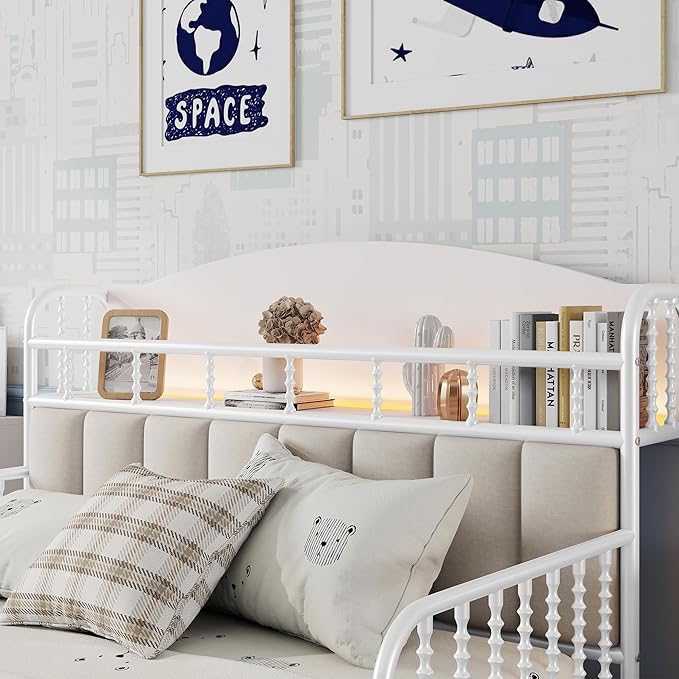 Ball & Cast Full Size Toddler Bed W/LED Light,Metal Bed W/Linen Fabric Upholstered Storage Headboard,Platform Bed Frame W/Safety Guardrails & Low Profile Design,for Boys Girls,White