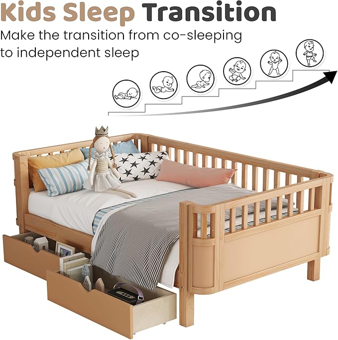 Twin Bed Frame with Rails for Kids, Wood Montessori Bed Twin with 2 Storage Drawers &Slats Support, Modern Daybed with Removable Bed Rails for Girls Boys Bedroom Living Room, Natural