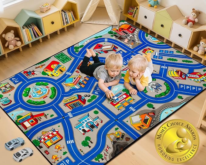 Road Car Rug, 5x7 Ft City Road Rug for Kids, Extra Thick (0.4in) Kids Play Rug Mat and Car Carpet with Realistic Colors - Perfect for Children, Soft and Non-Slip for Playroom and Bedroom