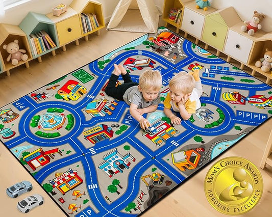 Road Car Rug, 5x7 Ft City Road Rug for Kids, Extra Thick (0.4in) Kids Play Rug Mat and Car Carpet with Realistic Colors - Perfect for Children, Soft and Non-Slip for Playroom and Bedroom