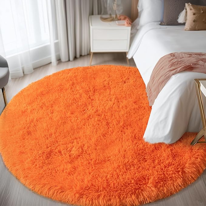 Round Orange Rug for Bedroom, 6 ft Circle Area Rugs for Living Room, Soft Fluffy Shag Carpet for Teen Girls Boys Nursery Room Dorm Home Decor Aesthetic