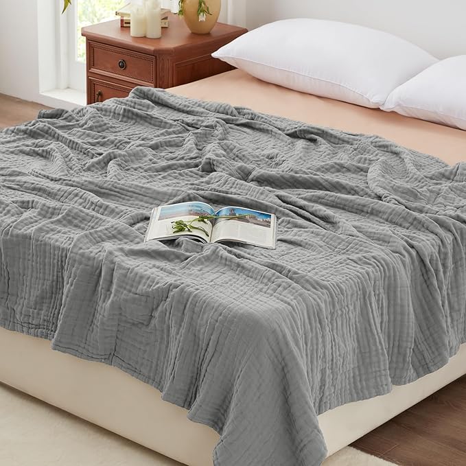 Love's cabin 6 Layer 100% Cotton Muslin Blanket, 90"x90" Muslin Blanket Queen for Couch Bed, Lightweight and Breathable Cotton Gauze for Adult, Medium Grey