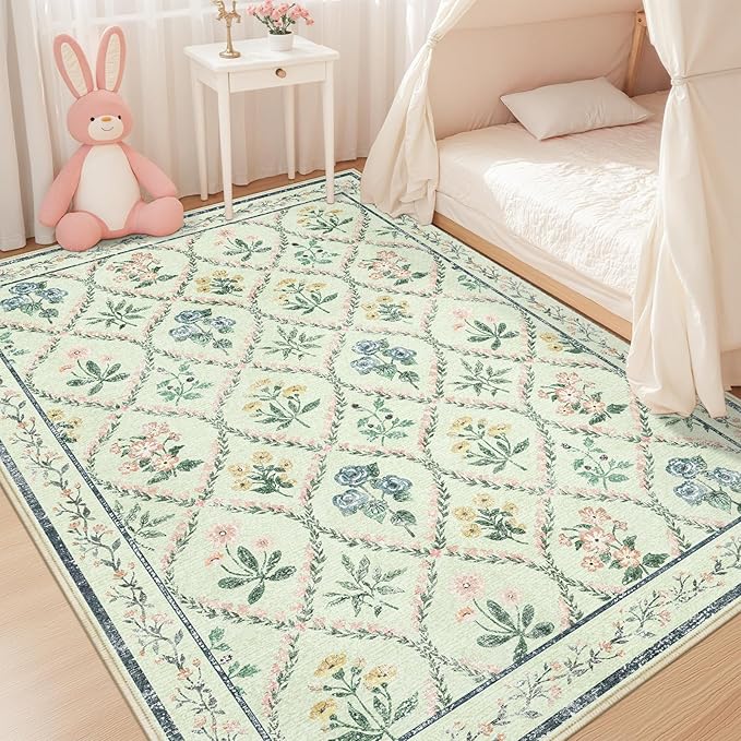 Green Nursery Rug for Baby Girl, 5x7 Washable Boho Floral Area Rug for Living Room, Cute Ultra-Thin Non Slip Indoor Girls Room Decor Carpet for Nursery Kids Room Bedroom Playroom Dorm