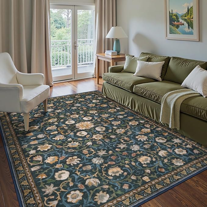 Anidaroel Floral Print Area Rug 5x7, Washable Dark Green Rugs for Living Room, Non Slip Soft Large Rugs for Bedroom, Stain Resistant Dining Room Mat Indoor Floor Carpet for Dorm