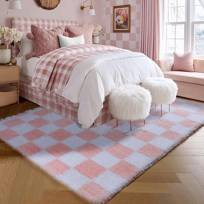 KICMOR Pink Rugs for Bedroom Girls, 3x5 Small Fluffy Soft Bedside Checkered Area Rug, Cute Fuzzy Shag Shaggy Non-Slip Indoor Floor Carpet for Living Room Kids Teen Dorm Nursery Home Decor Aesthetic