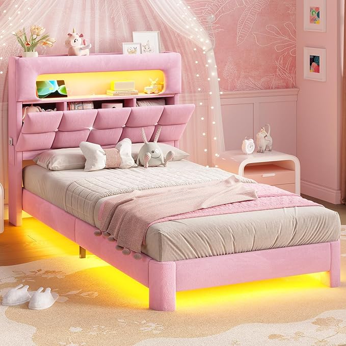 MSmask Twin Upholstered LED Bed Frame with 2-Tier Storage Bookcase Headboard, Velvet Princess Bed with Crystal Button Tufted Headboard & Charging Station, Girls Platform Bed, Curved Legs, Pink