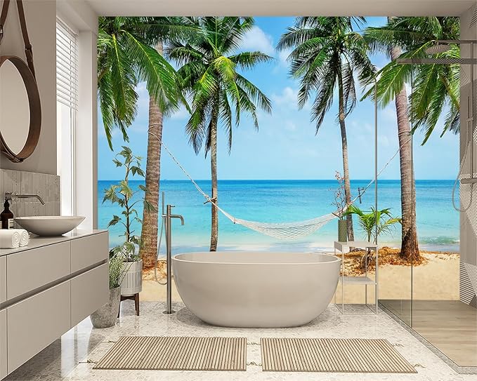 XMPMBM-Beach Palms Landscaping Fabric Wallpaper Tree Leaf Living Room Bedroom Bathroom Wall Mural-W 132" X H 92"（93 Square Foot）