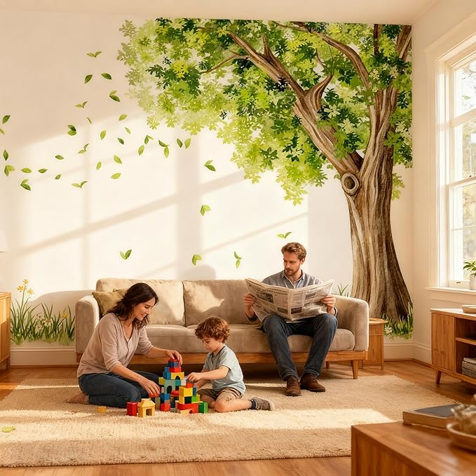 Large Green Tree Branch Wall Decals Hanging Vine Leaf Branch Wall Stickers Peel and Stick Wall Art Murals Decor Vinyl for Bedroom Living Room TV Background Wall Decor