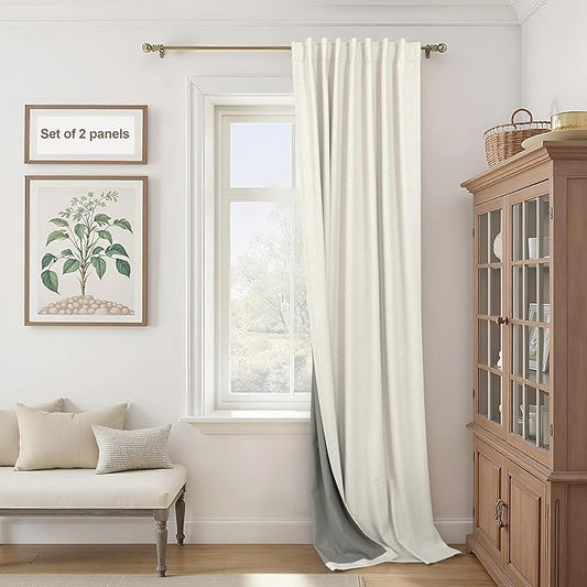 Extra Wide Room Darkening 90 Inch Curtains 2 Panels for Living Room Ivory Cream Colored Linen Blackout Curtain for Bedroom Windows 120 to 140 Privacy Thermal Window Drapes Back Tab Pocket 70x90 Long