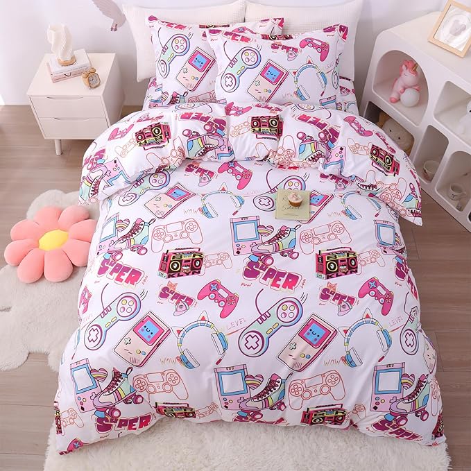 JSD Pink Gamer Kids Duvet Cover Set Twin Size, 2 Piece Soft Printed Microfiber Comforter Cover with Pillow Sham Zipper Closure, Comforter Not Included