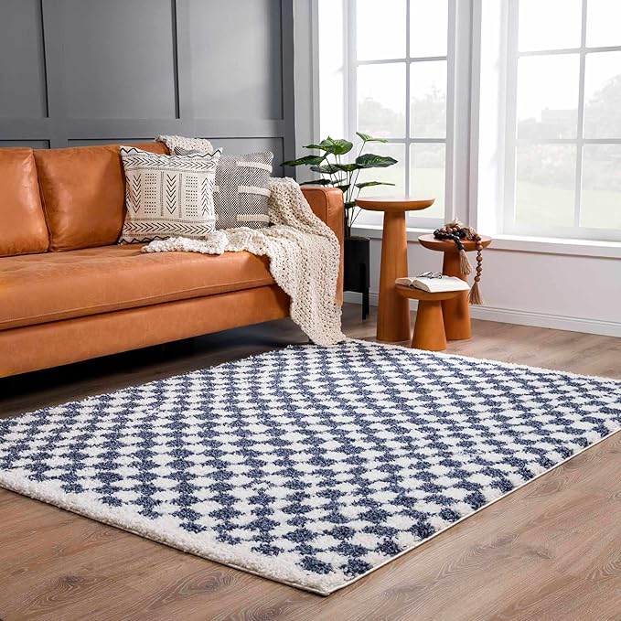 BoutiqueRugs Kieu Modern Checkered Shag Rug - High Pile Fluffy Shag Carpet for Hallway, Nursery, Playroom, Girls Boys Room - White, Blue - 7'10" x 10' (8x10)