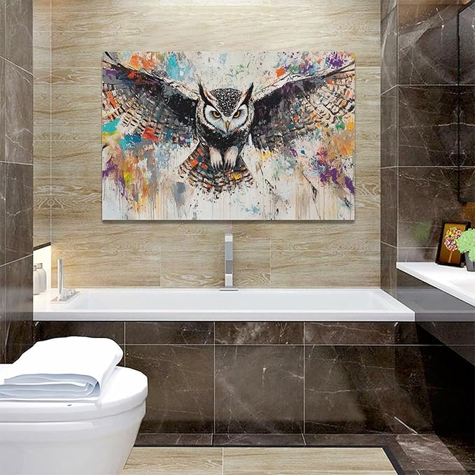 Large Banksy Owl Wall Art for Living Room, Framed Oversized Owl Wall Decor Wild Animal Canvas Painting Pictures Modern Artwork for Living Room Bathroom Bedroom Office Dining Room 60"x30"