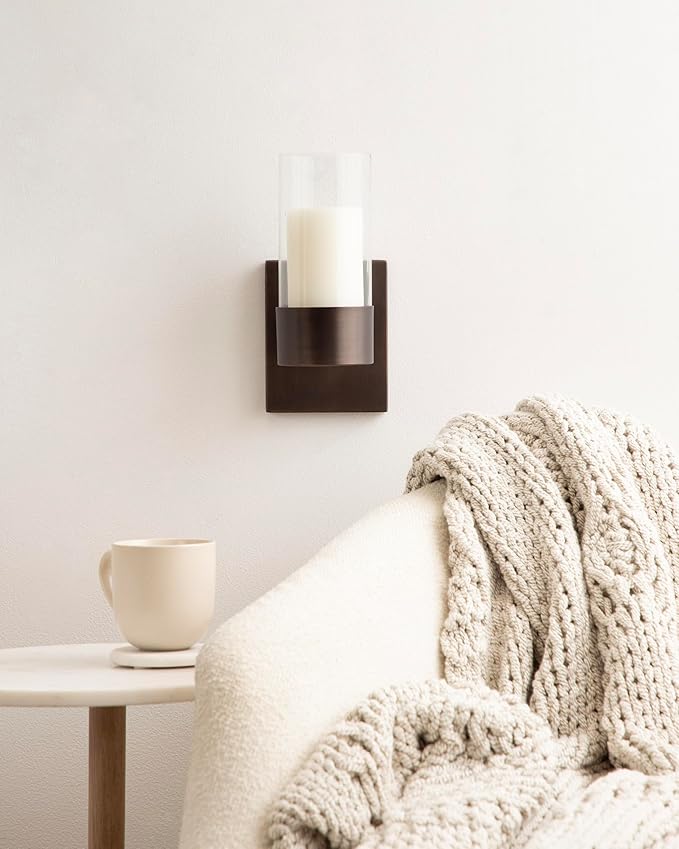 Kate and Laurel Zabler Modern Metal Wall Sconce, 5 x 6 x 10, Bronze, Round Candle Holder with Removable Glass Cylinder for Flameless Candle Display in Bedroom or Bathroom