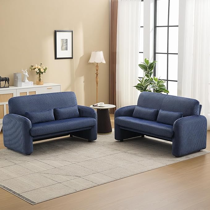 56'' Corduroy Loveseat Sofa, 2 Seater Love Seat Couch for Small Space, Comfy Upholstered Modern Leisure Loveseat Couches with Lumbar Pillows for Bedroom, Office, Living Room, Blue