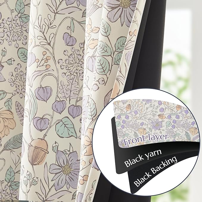 jinchan Nursery Curtains 95% Blackout Purple Floral Curtains for Girls Room, 63 Inch Length Farmhouse Drapes for Bedroom Living Room Darkening Window Treatment Grommet Top Set of 2 Panels